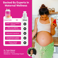 Pregnant woman holding a watermelon with Pink Stork product and comparison chart on a pink background.
