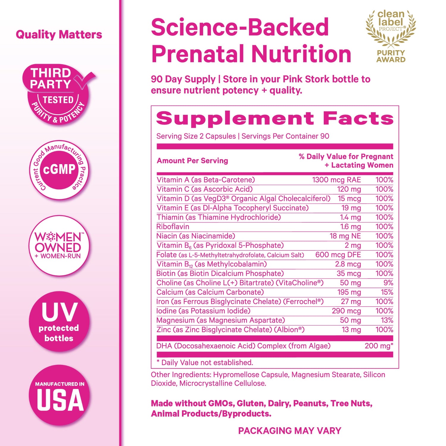 Prenatal nutrition supplement label with various certifications and facts.