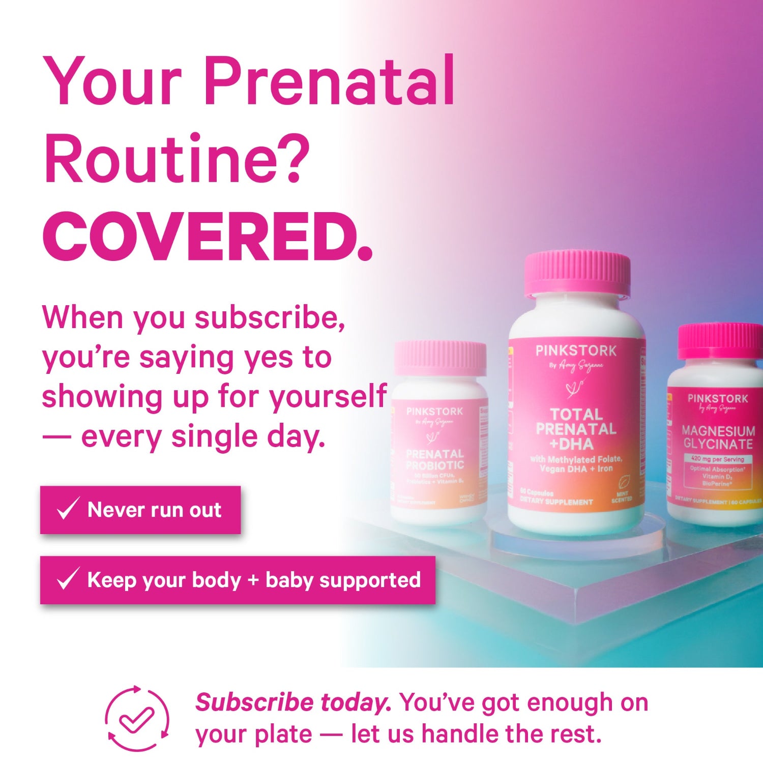 Pink Stork prenatal supplement bottles with promotional text on a gradient background