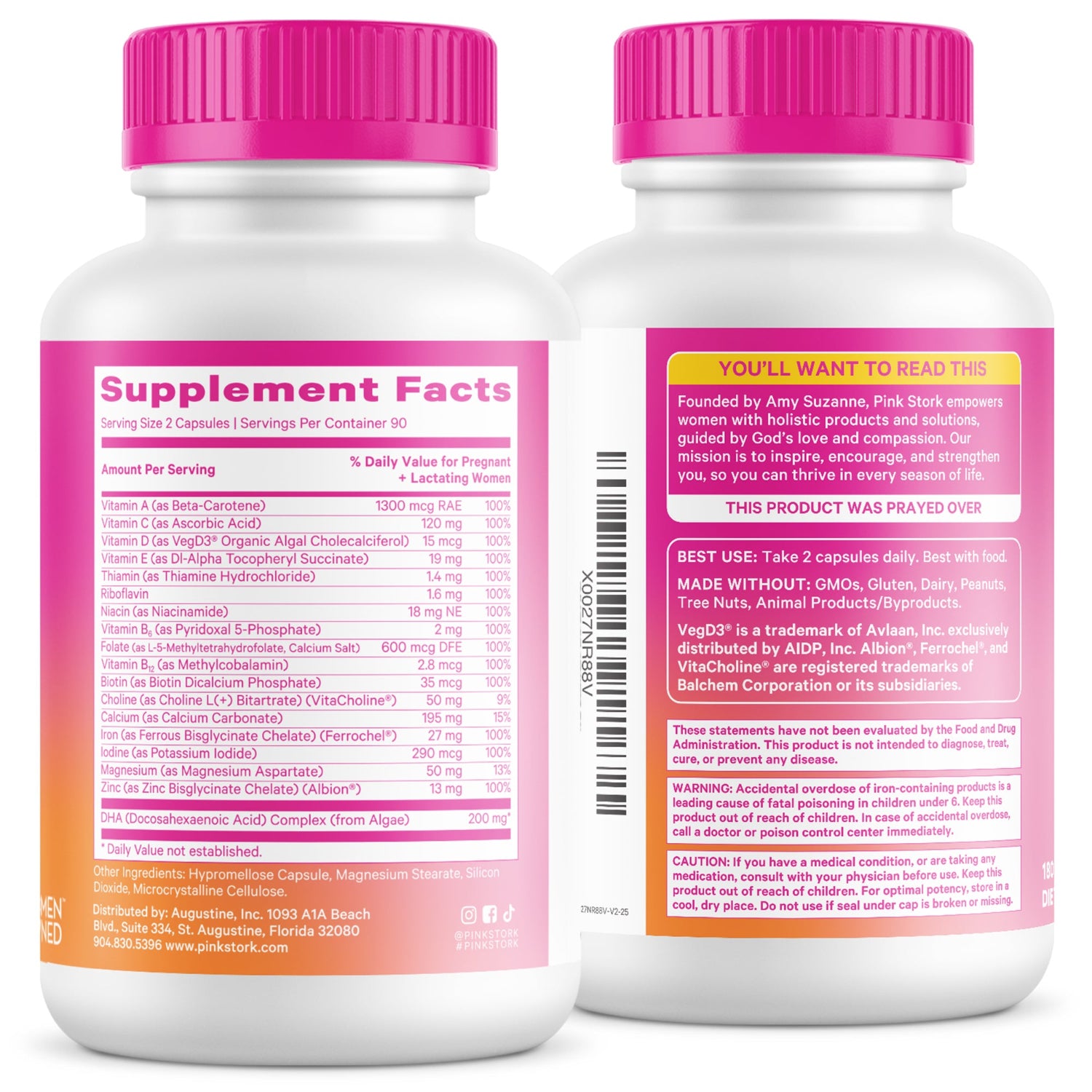 Two supplement bottles with pink caps and labels on a white background