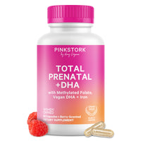 Pink Stork Total Prenatal + DHA supplement bottle with pink cap and label on a white background.