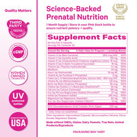 Supplement label for prenatal nutrition with various certifications and details on a pink background.