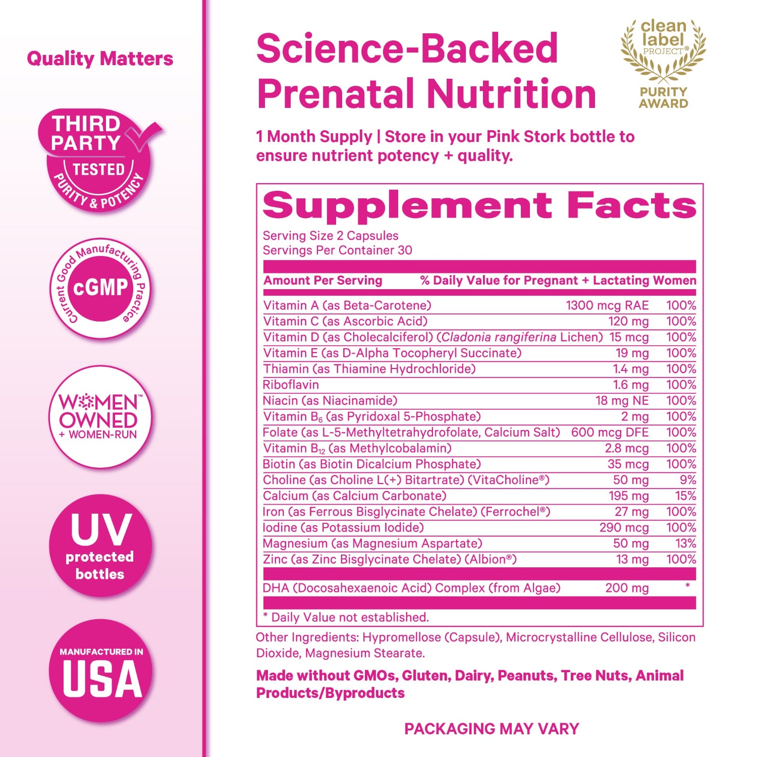 Supplement label for prenatal nutrition with various certifications and details on a pink background.