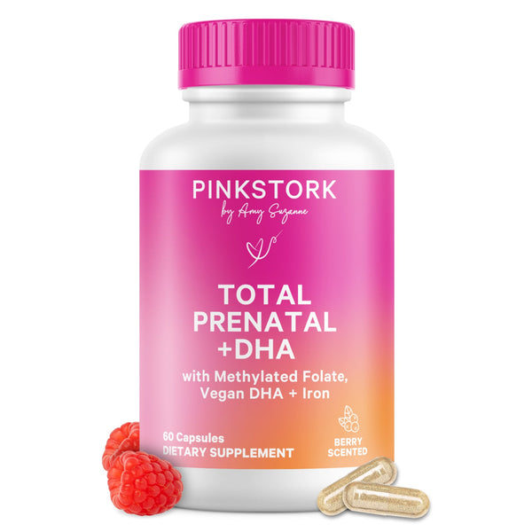 Pink Stork Total Prenatal + DHA supplement bottle with pink cap and label on a white background.