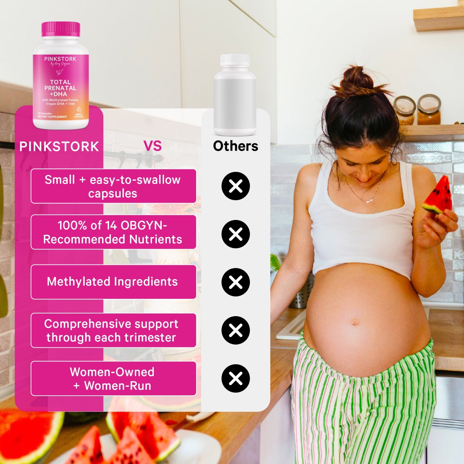 Comparison of Pink Stork product with a pregnant woman eating watermelon.