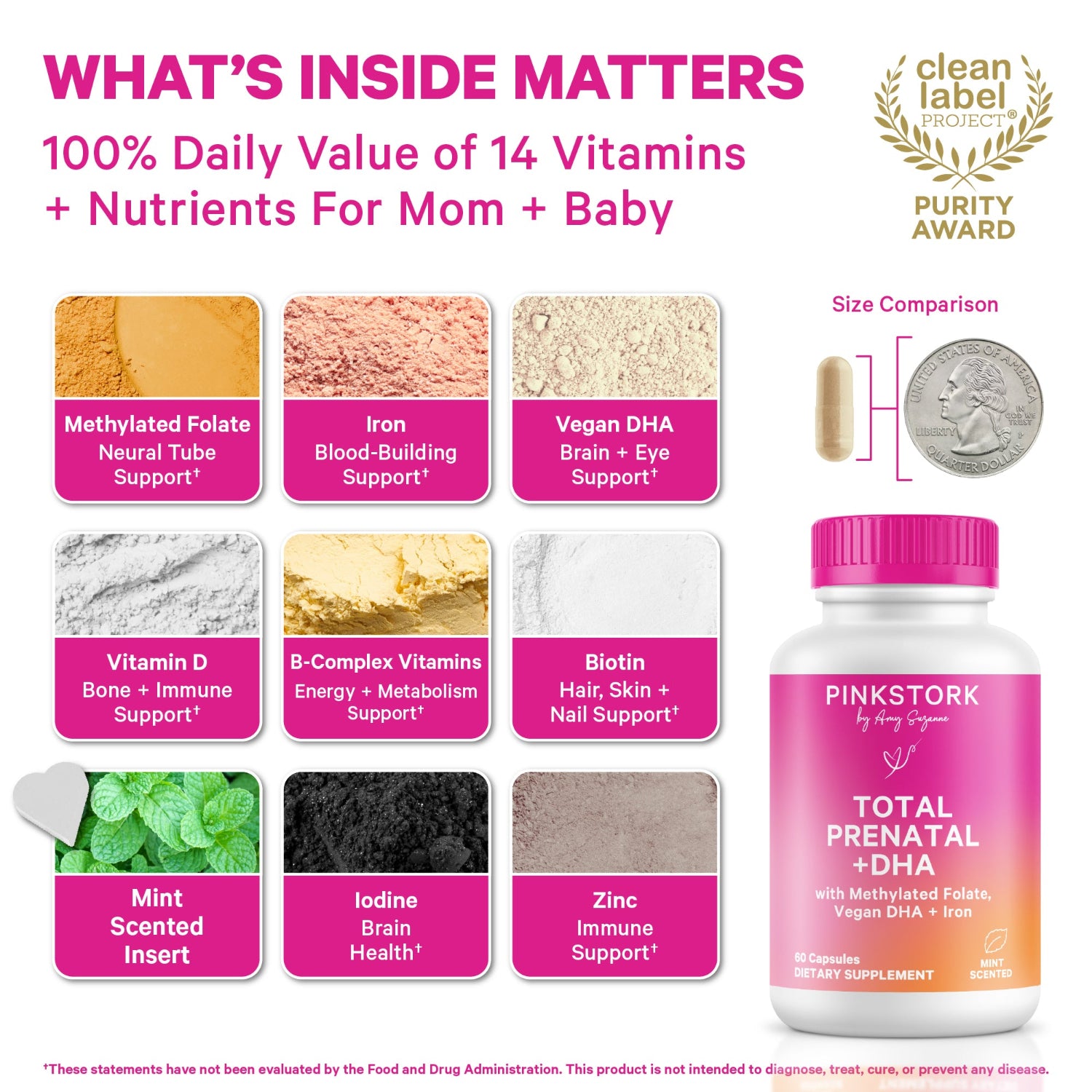 Supplement packaging with various vitamins and nutrients, including Pink Stork Total Prenatal + DHA, on a white background.