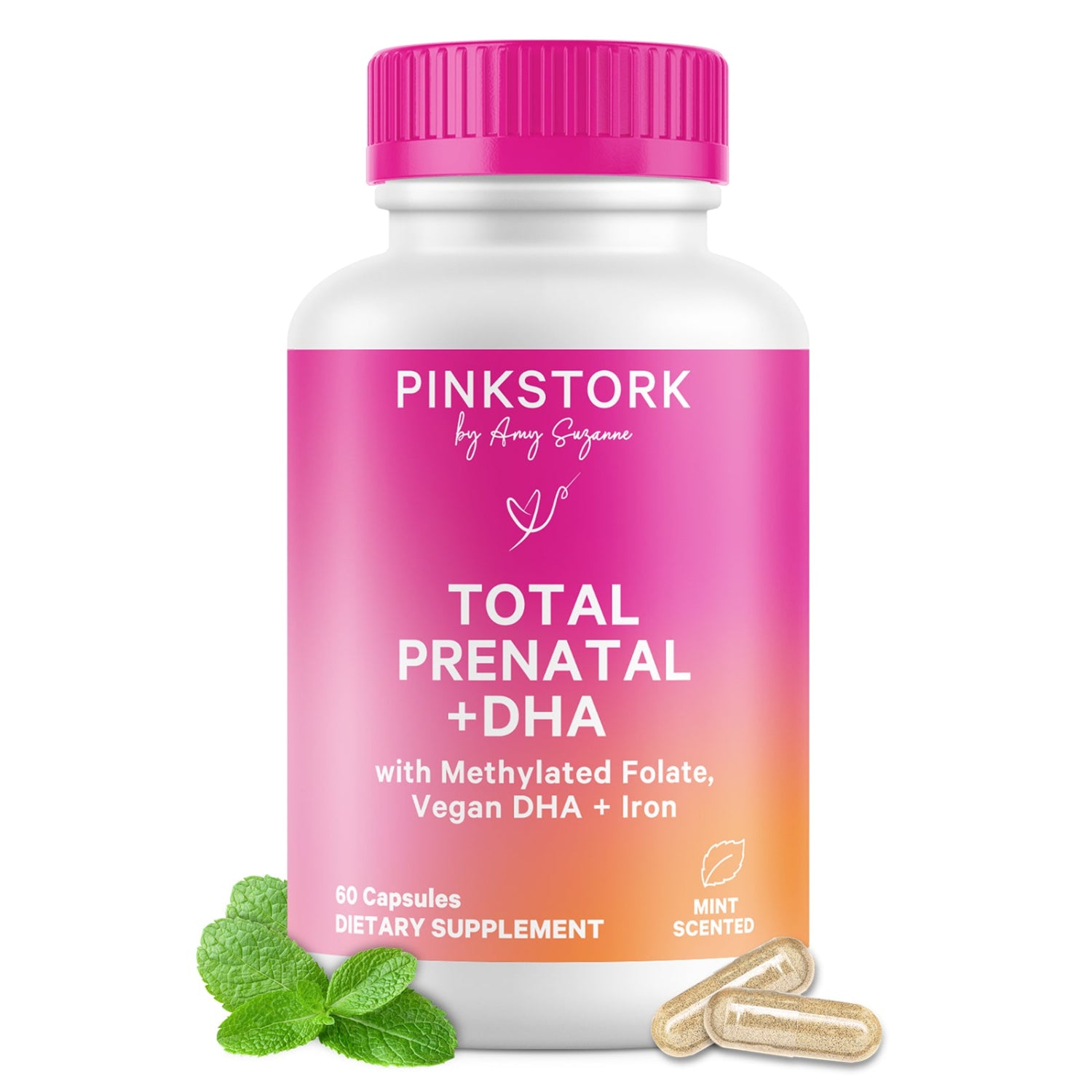 Pink Stork Total Prenatal + DHA supplement bottle with pink cap on a white background