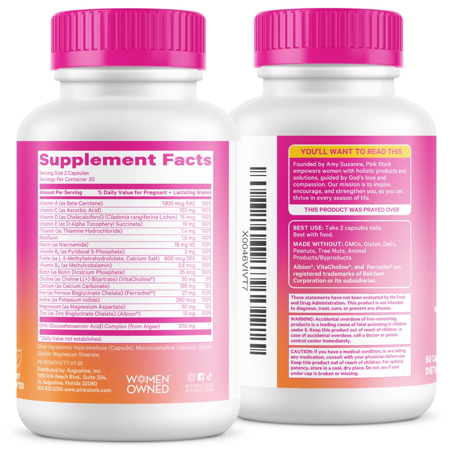 Two supplement bottles with pink caps and labels on a white background
