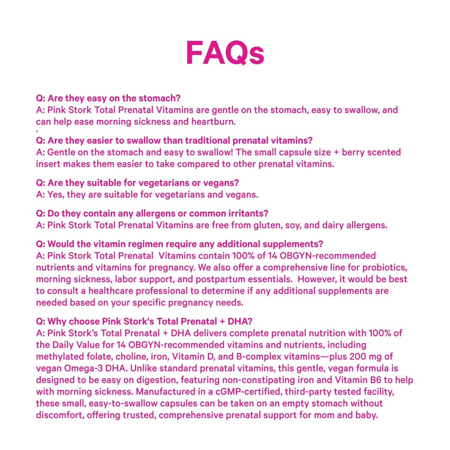 FAQs section about Pink Stork Total Prenatal Vitamins on a white background