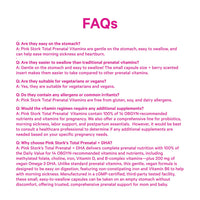 FAQs section about Pink Stork Total Prenatal Vitamins on a white background