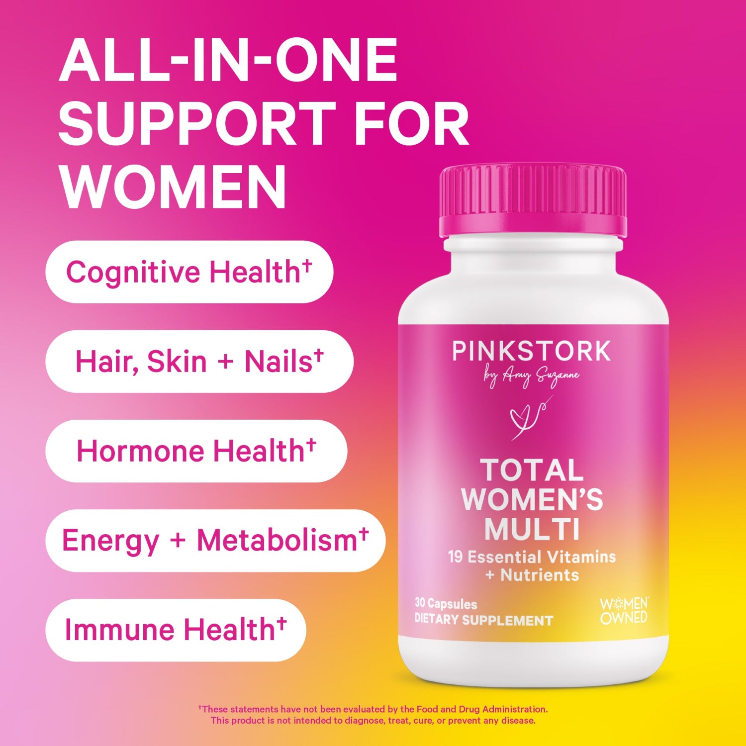 Pink Stork Total Women's Multi supplement bottle with features on a pink and orange gradient background