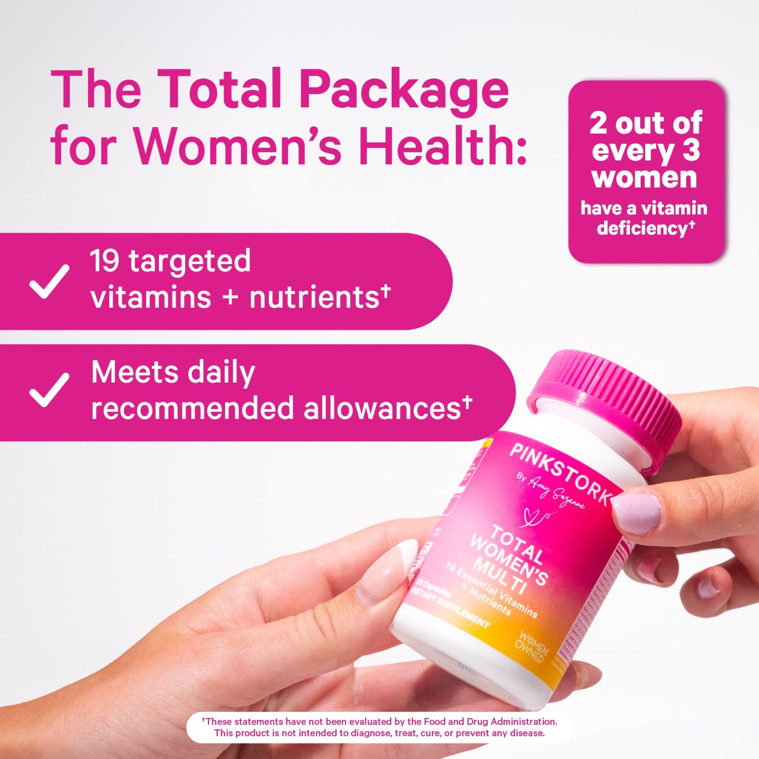 Pink bottle of Pinkstork Total Women's Multi held by a hand with promotional text about women's health and vitamin deficiencies.