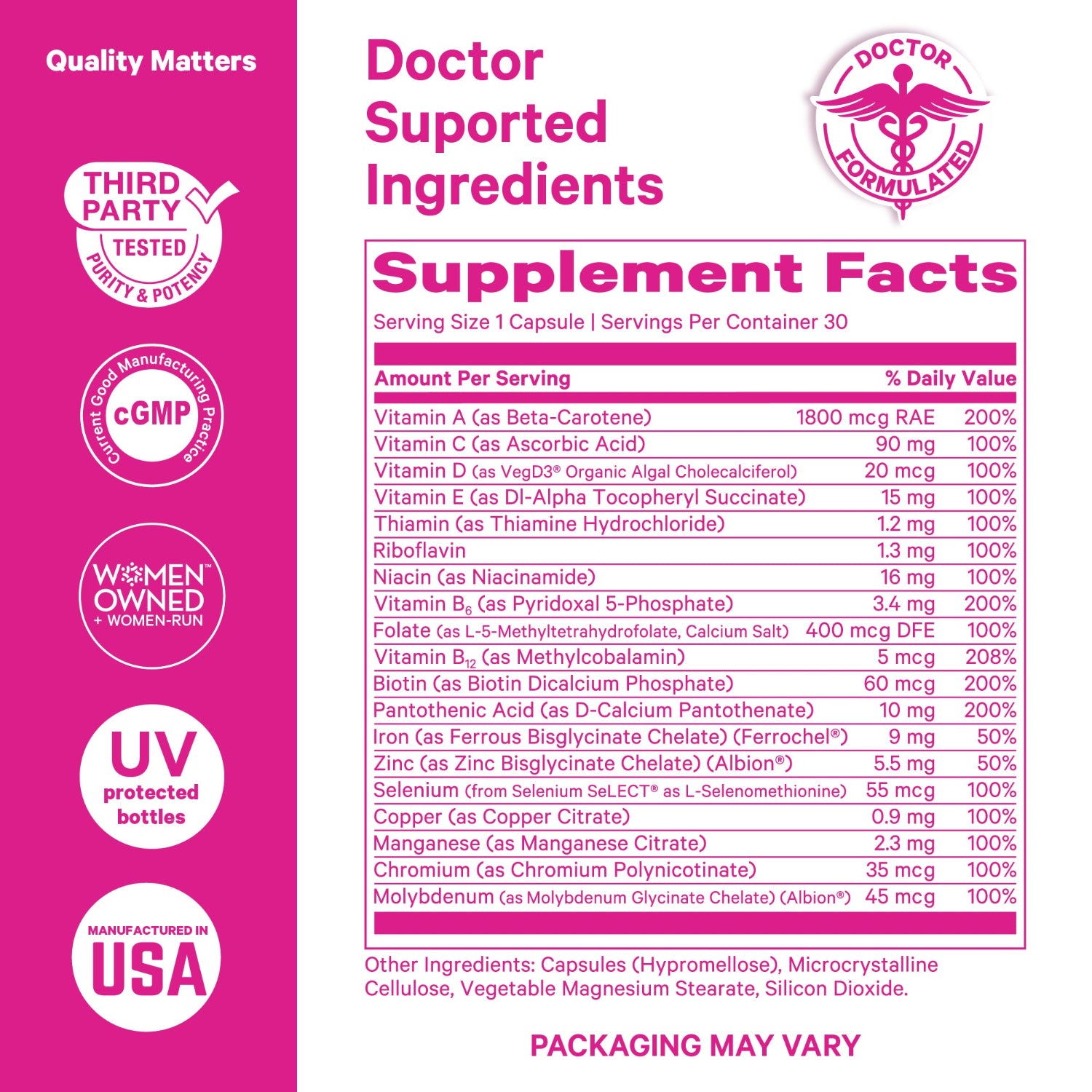 Supplement label with ingredients and facts on a pink background
