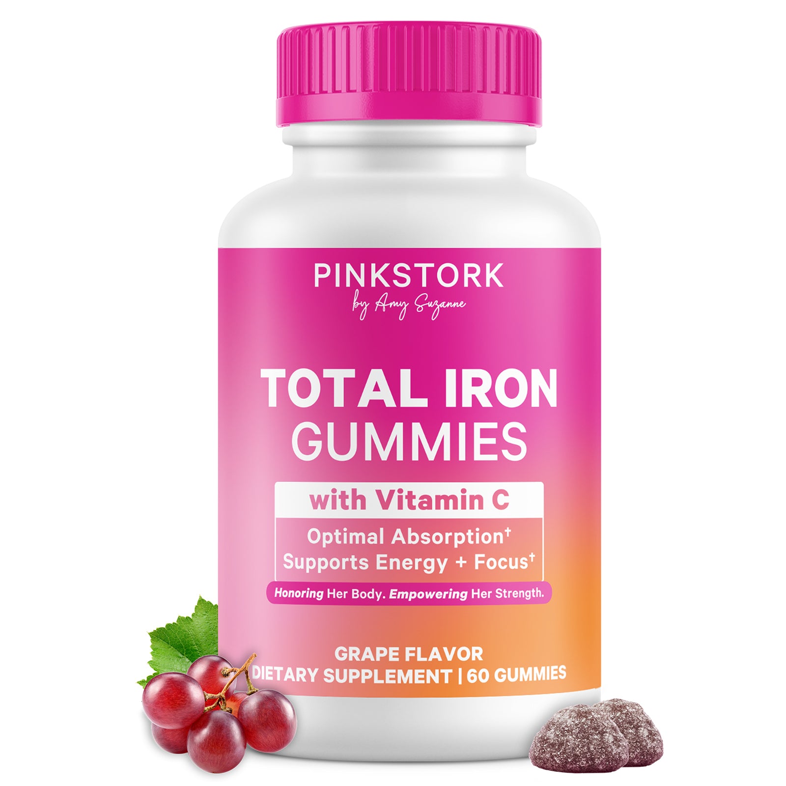 Pink Stork Total Iron Gummies bottle featuring two grape gummies on a white background.