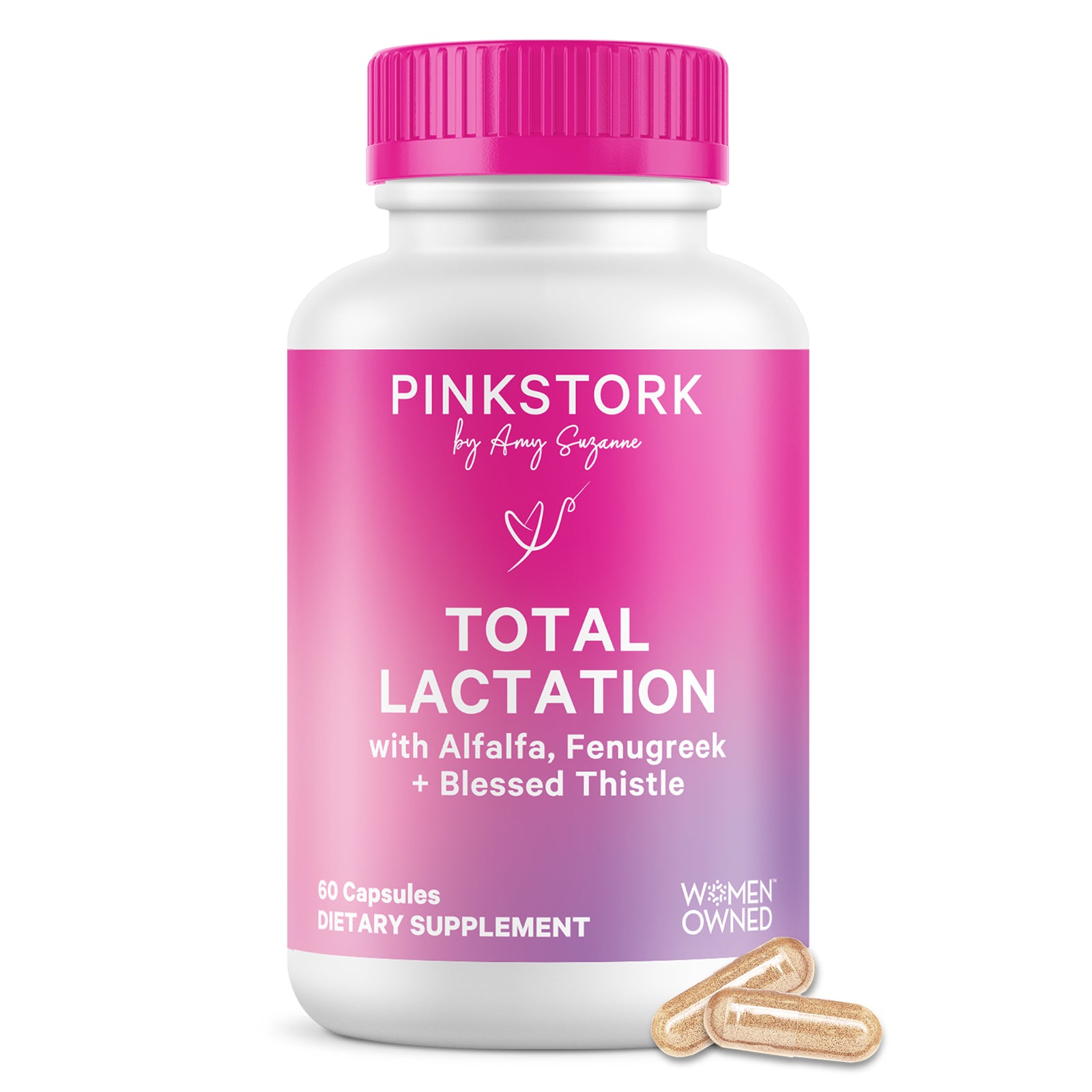 Pink Stork Total Lactation supplement bottle with capsules shown beside it.