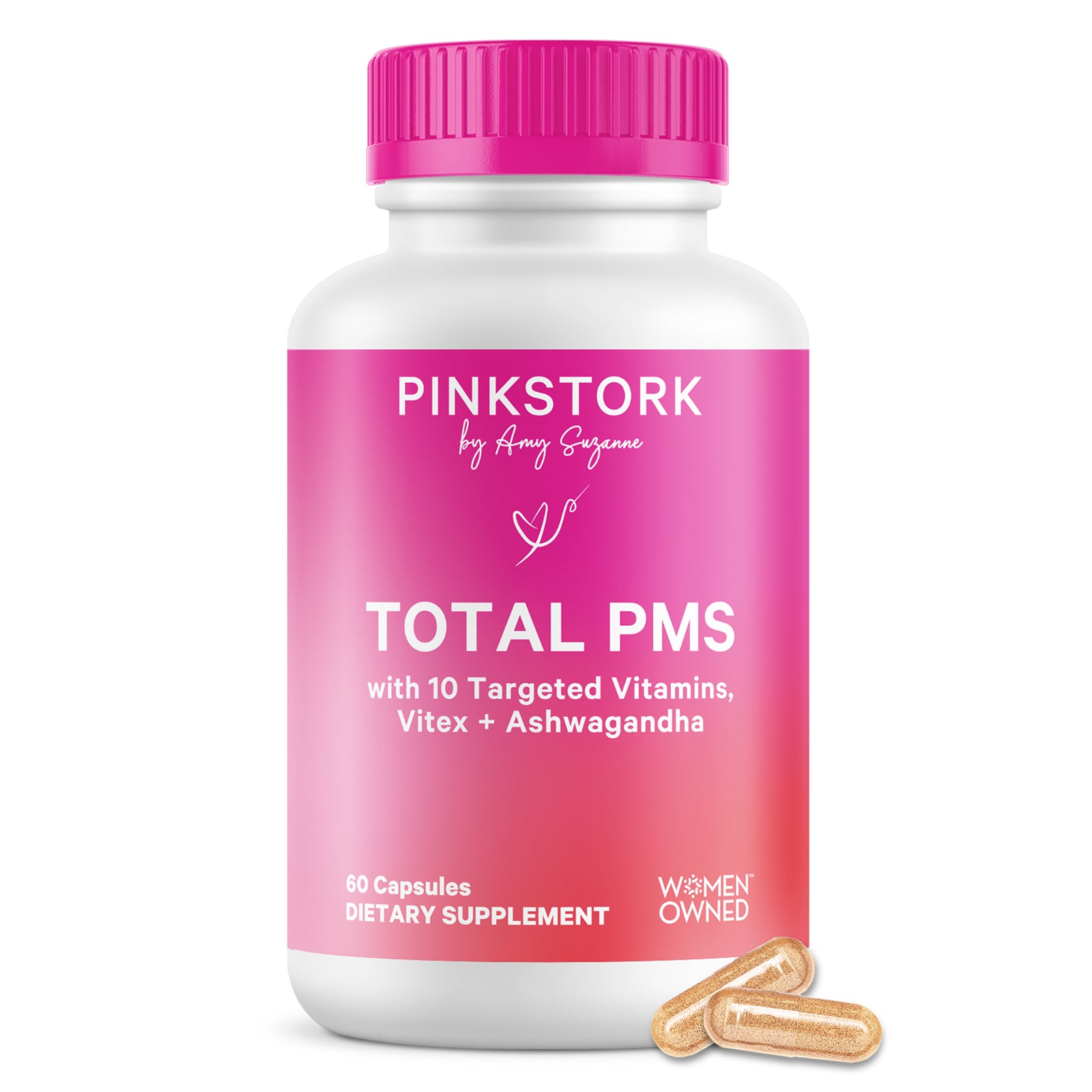 Pink Stork Total PMS supplement bottle with pink cap on a white background