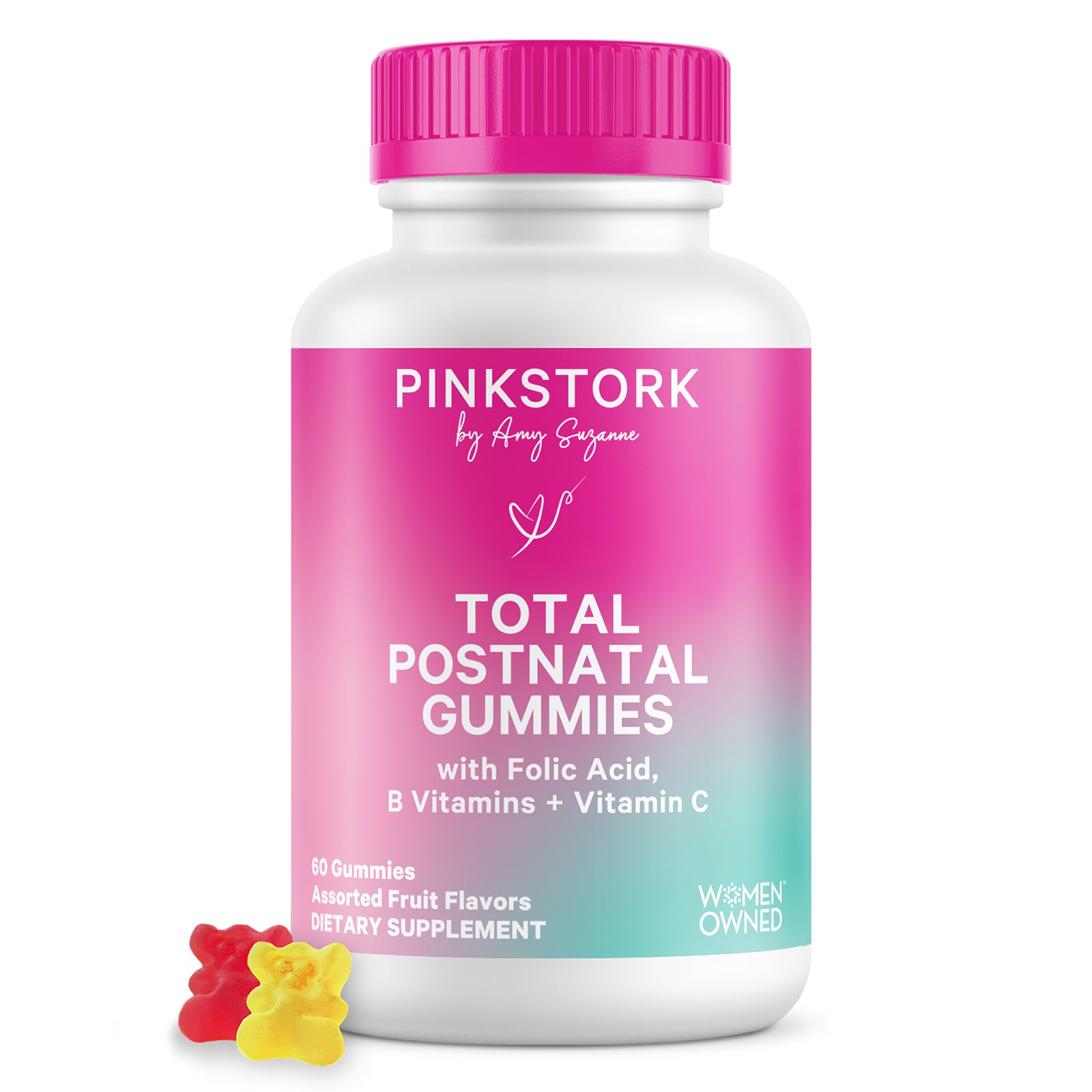 Pink Stork Total Postnatal Gummies bottle with pink cap on a white background
