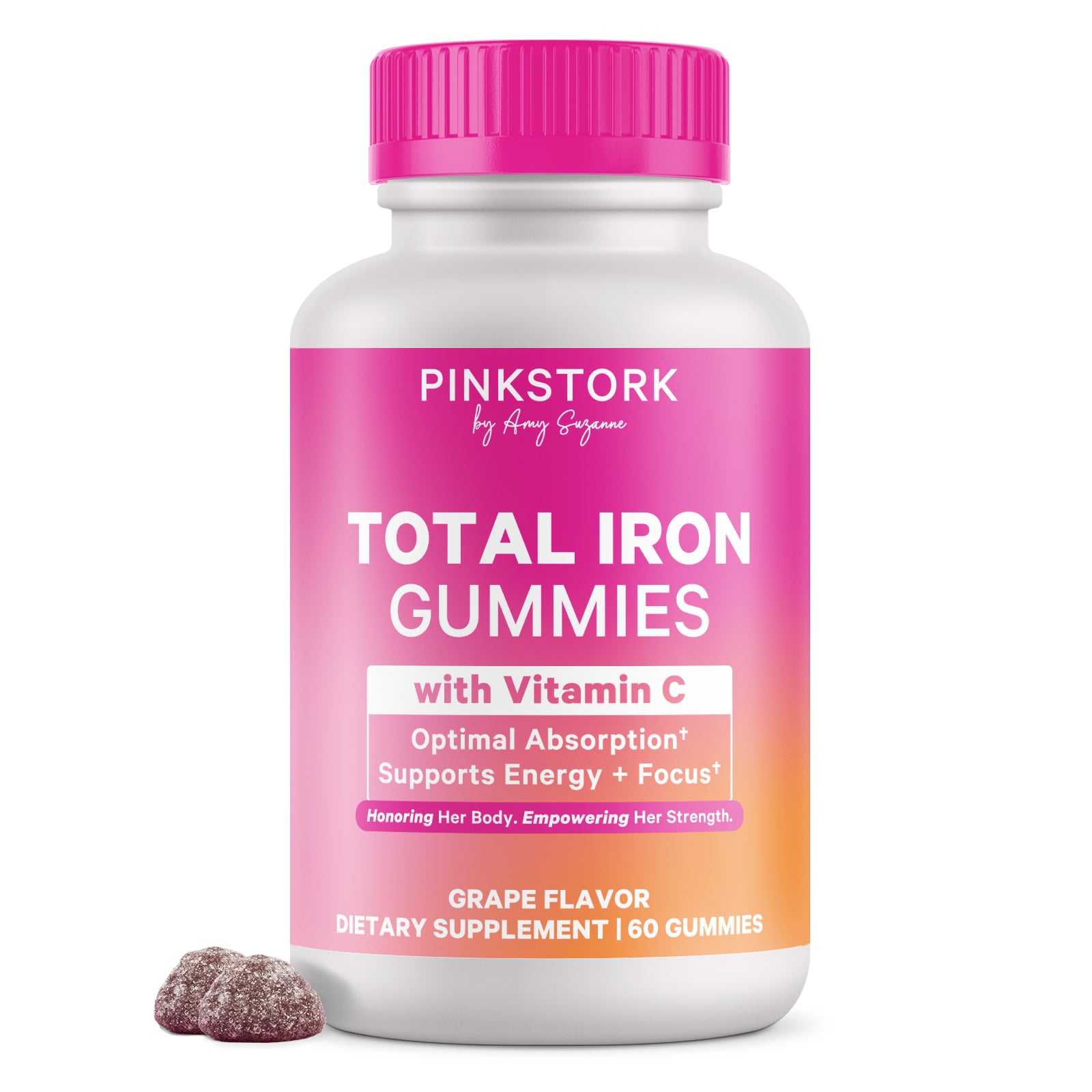 Pink Stork Total Iron Gummies bottle featuring two grape gummies on a white background.