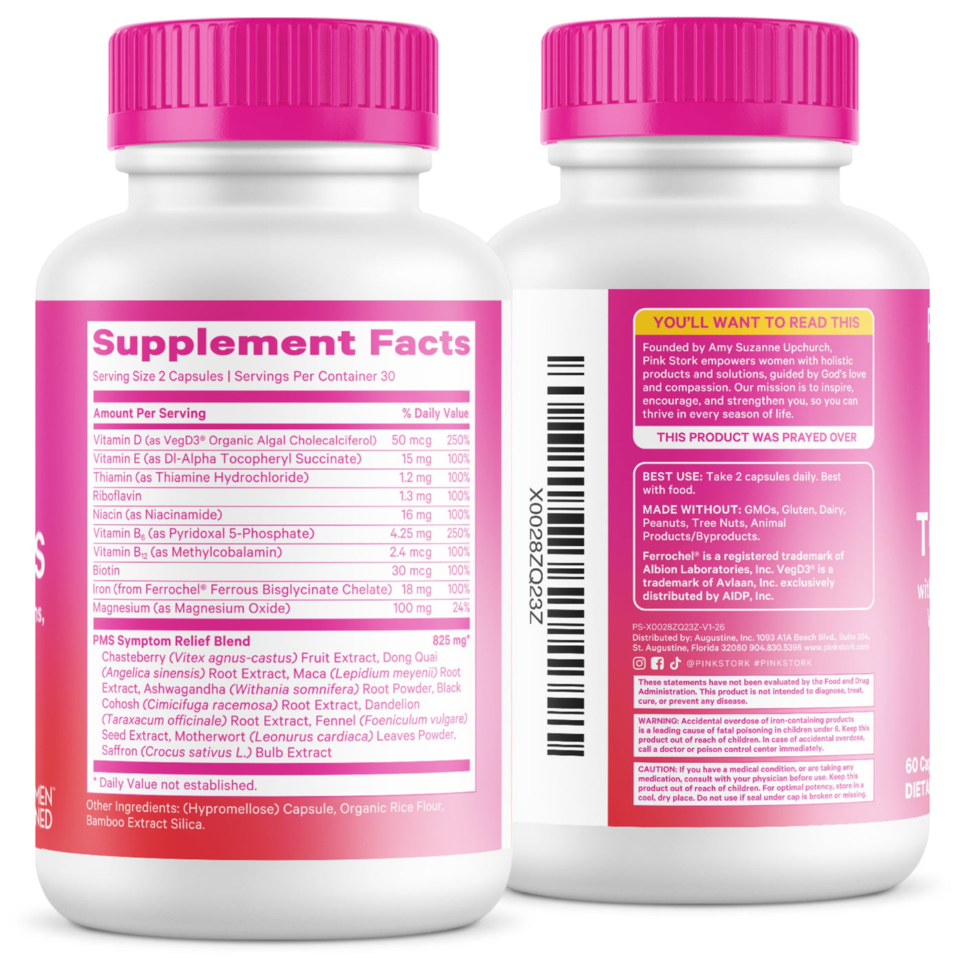 Two supplement bottles with pink caps and labels on a white background