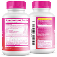Two supplement bottles with pink caps and labels on a white background