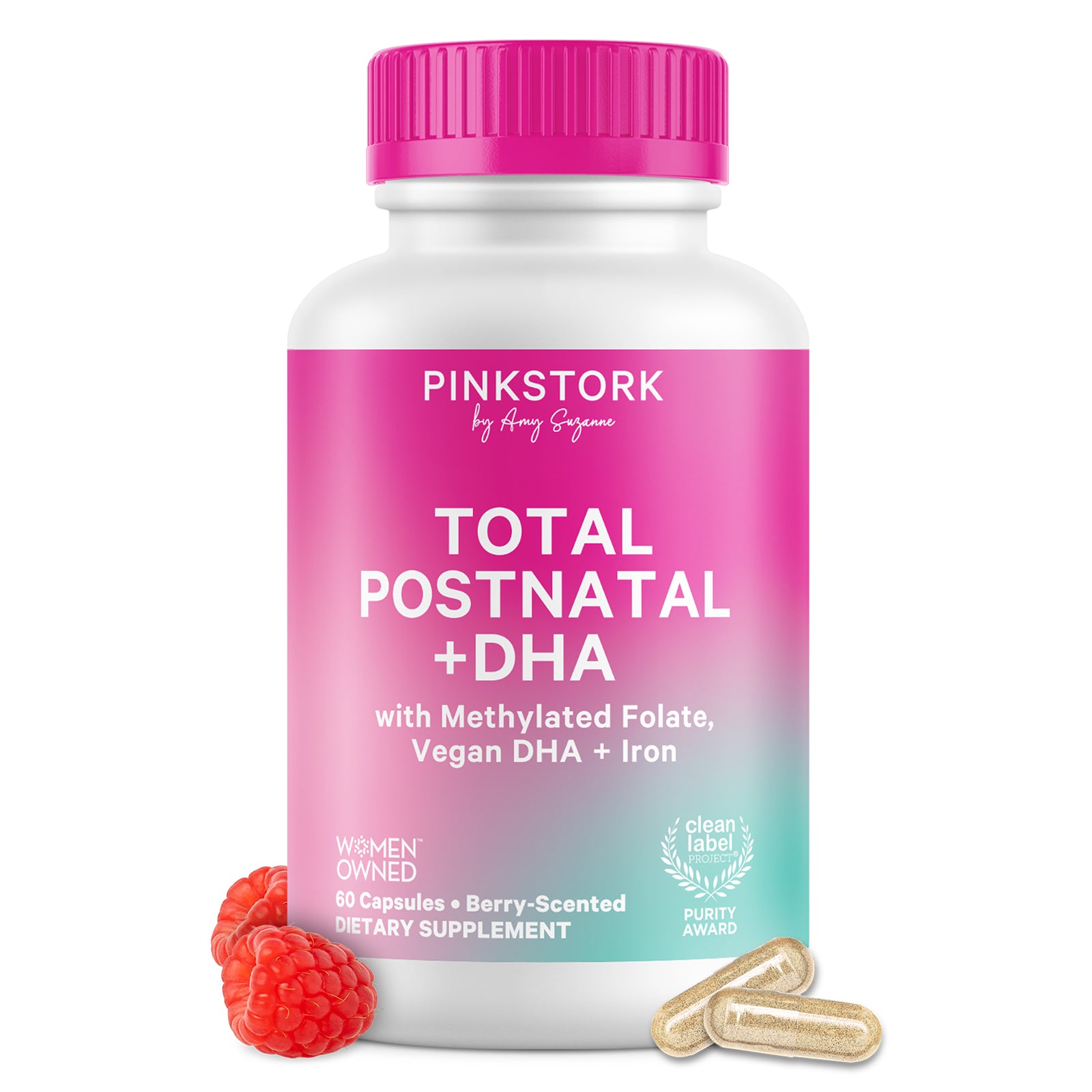 Pink Stork Total Postnatal + DHA supplement bottle with pink cap on a white background