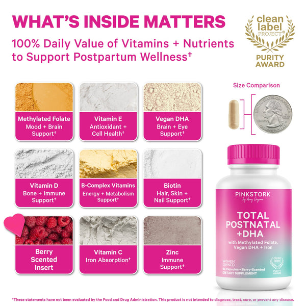 Vitamins and nutrients for postpartum wellness with Pink Stork product display.