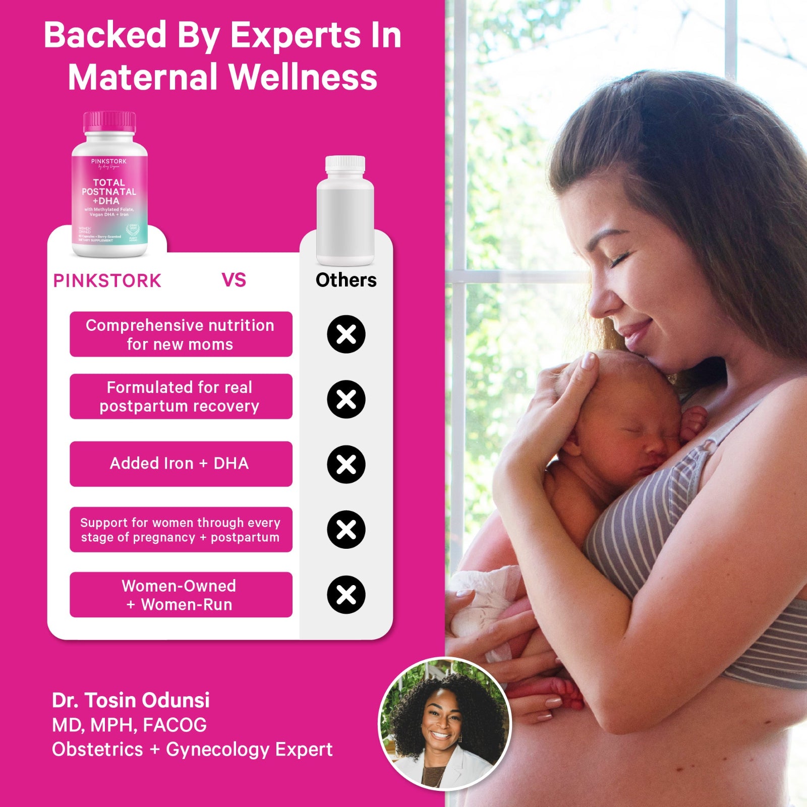 Woman holding a baby with Pink Stork product and expert endorsement on a pink background