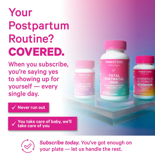 Pink Stork baby care products with promotional text on a gradient background