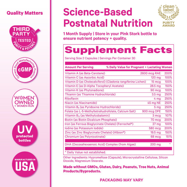 Supplement label for postnatal nutrition with various certifications on a pink background