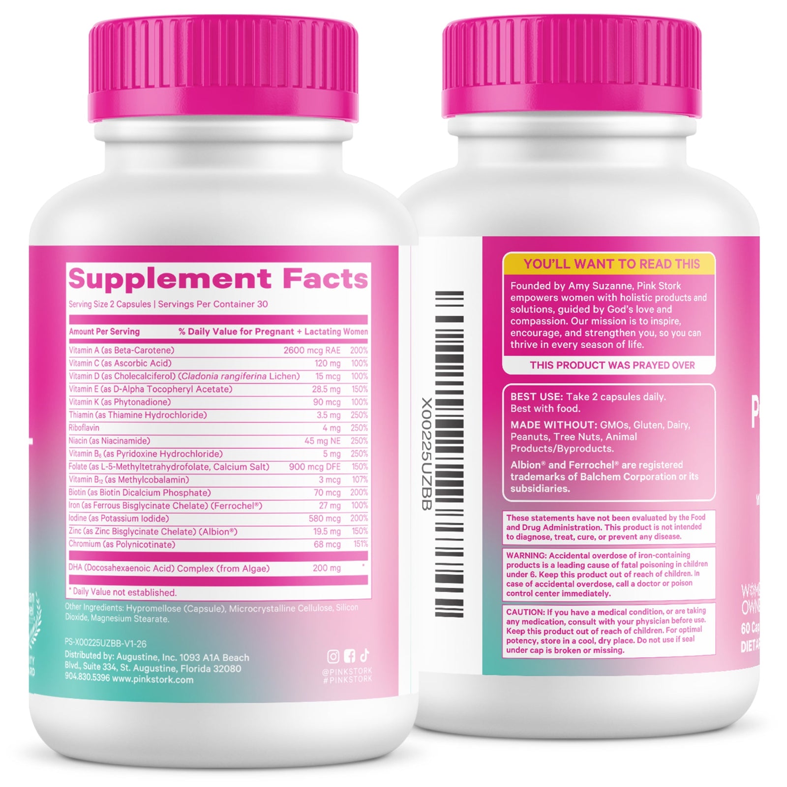 Two supplement bottles with pink caps and labels on a white background