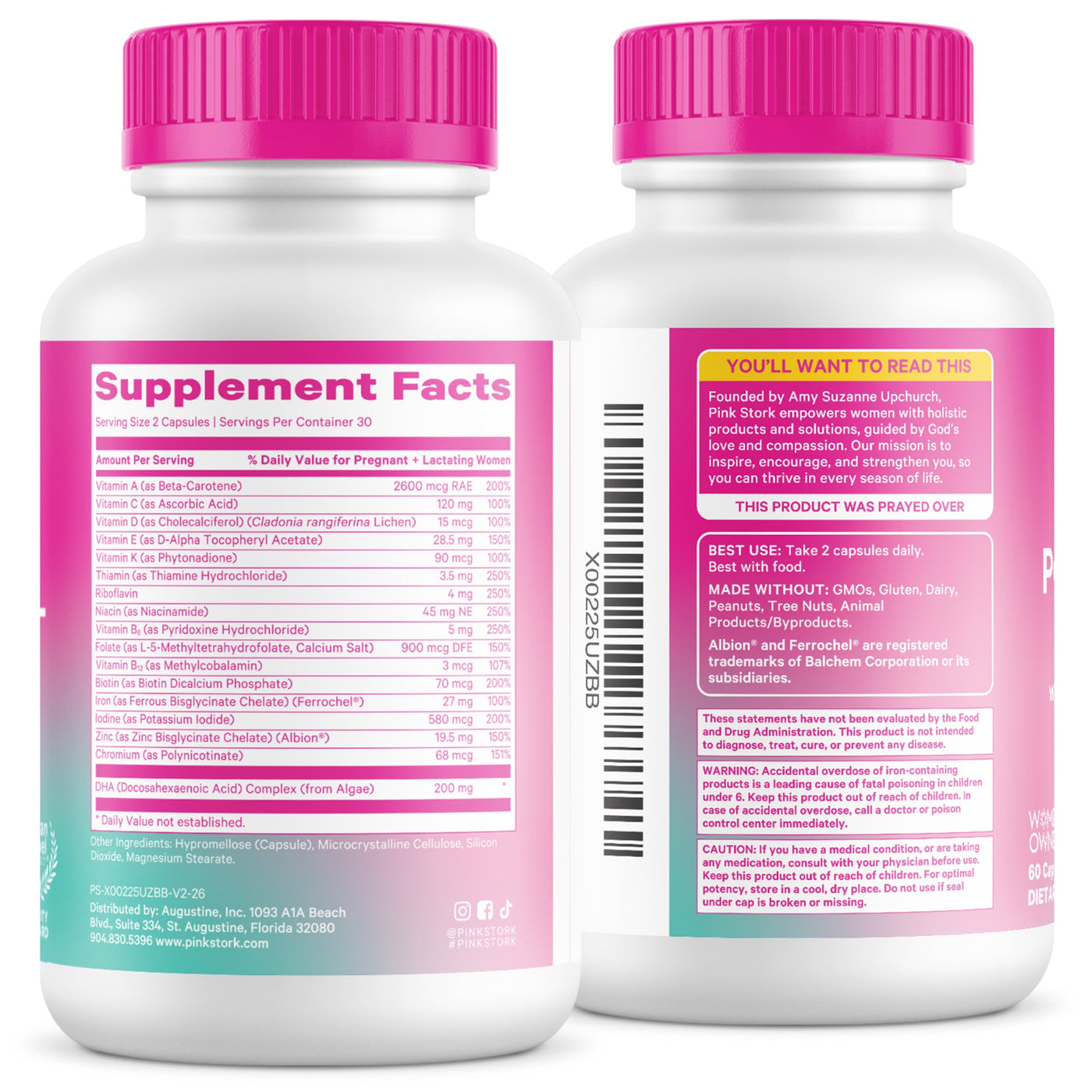 Two supplement bottles with pink caps and labels on a white background