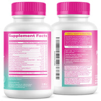 Two supplement bottles with pink caps and labels on a white background