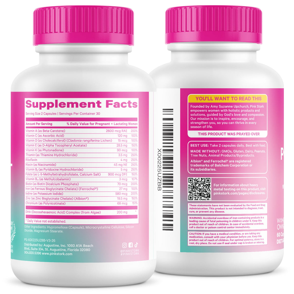 Two white supplement bottles with bright pink ribbed caps, shown from the back to display the Supplement Facts label. The bottles are photographed on a clean white background.