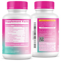 Two white supplement bottles with bright pink ribbed caps, shown from the back to display the Supplement Facts label. The bottles are photographed on a clean white background.
