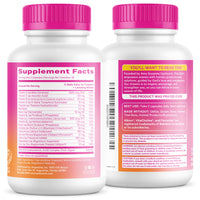 Two supplement bottles with pink caps and labels on a white background