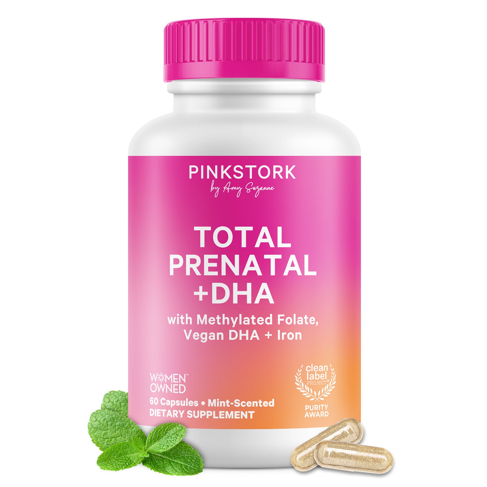 Pink Stork Total Prenatal + DHA supplement bottle with pink cap on a white background