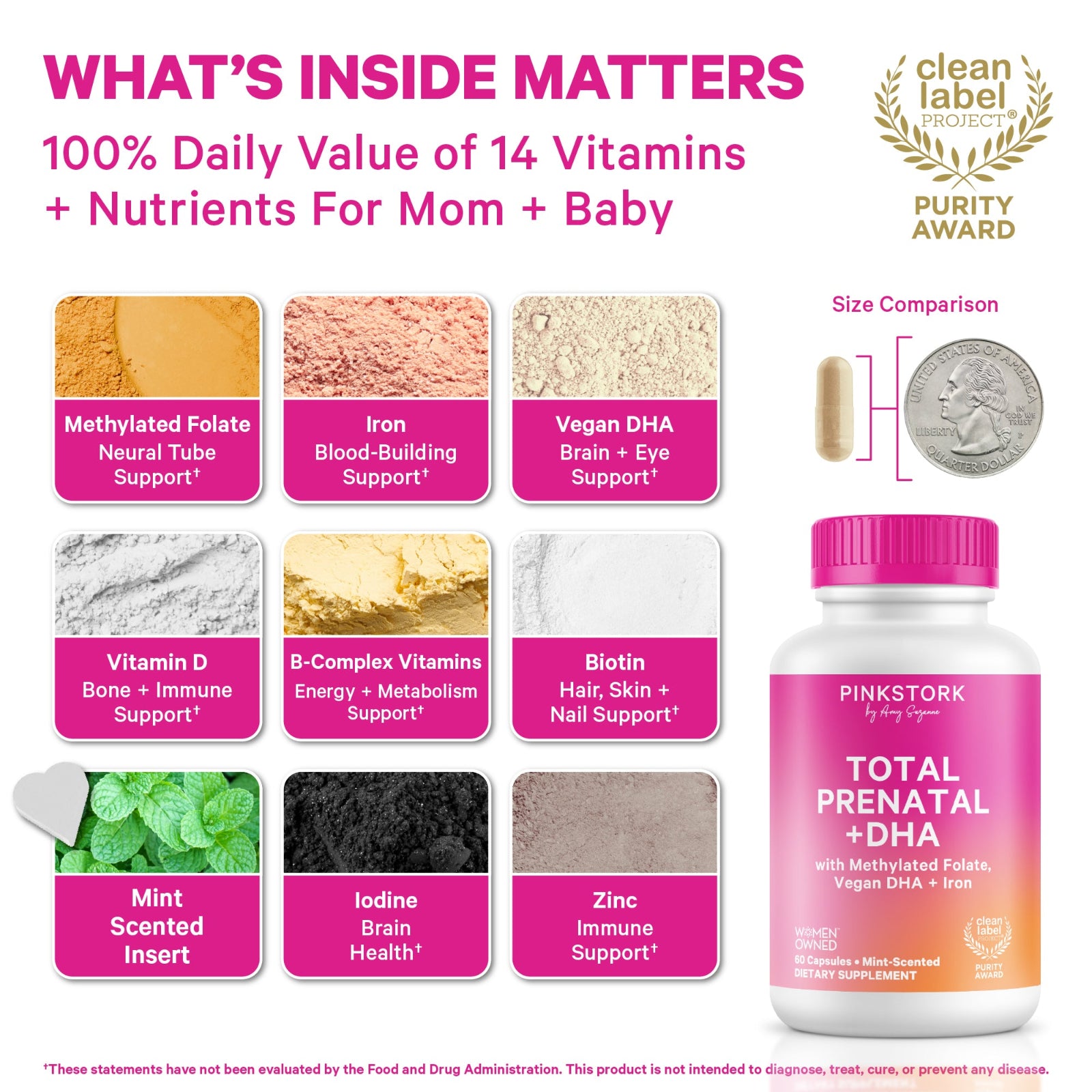 Vitamins and minerals with labels and a bottle of Pinkstork Total Prenatal + DHA supplement.