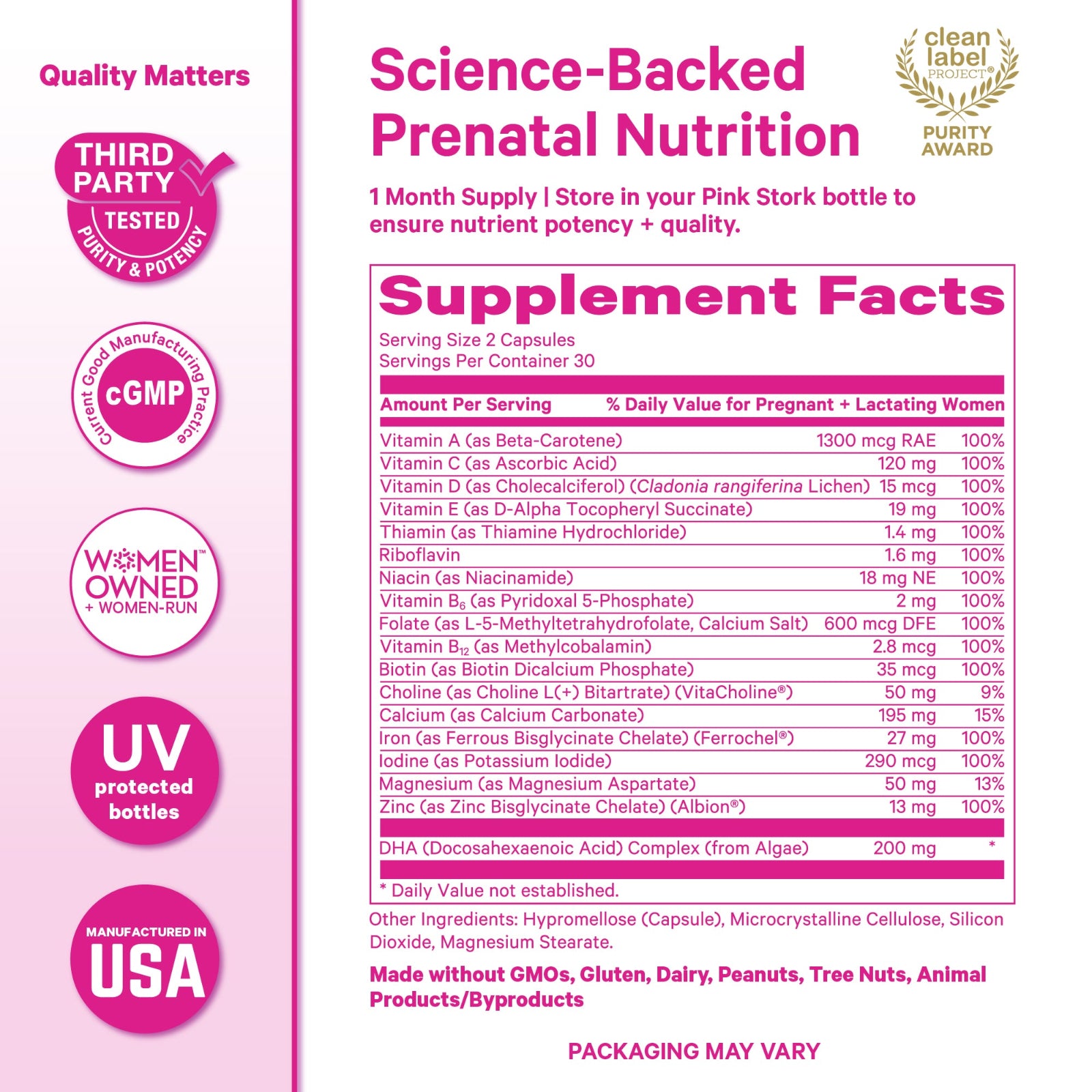 Supplement label for prenatal nutrition with various certifications and details on a white background.