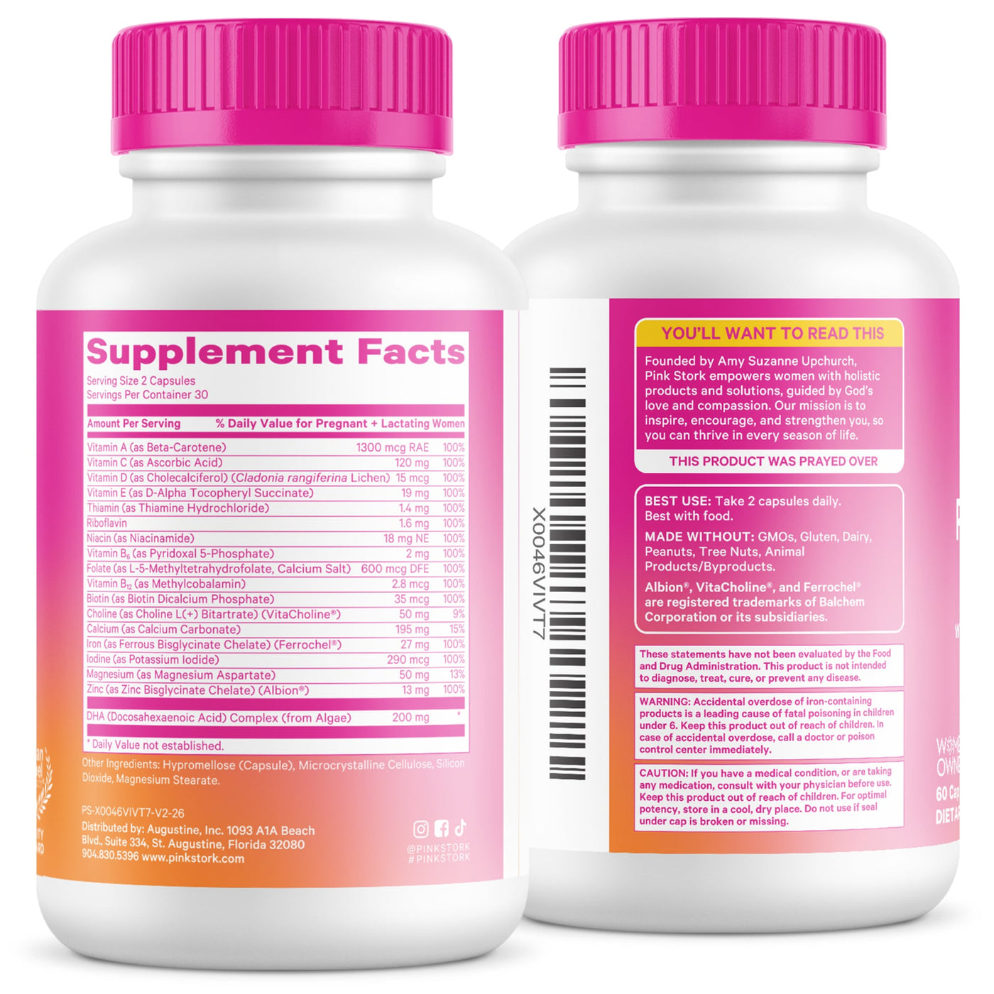 Two supplement bottles with pink caps and labels on a white background