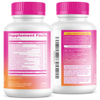 Two supplement bottles with pink caps and labels on a white background