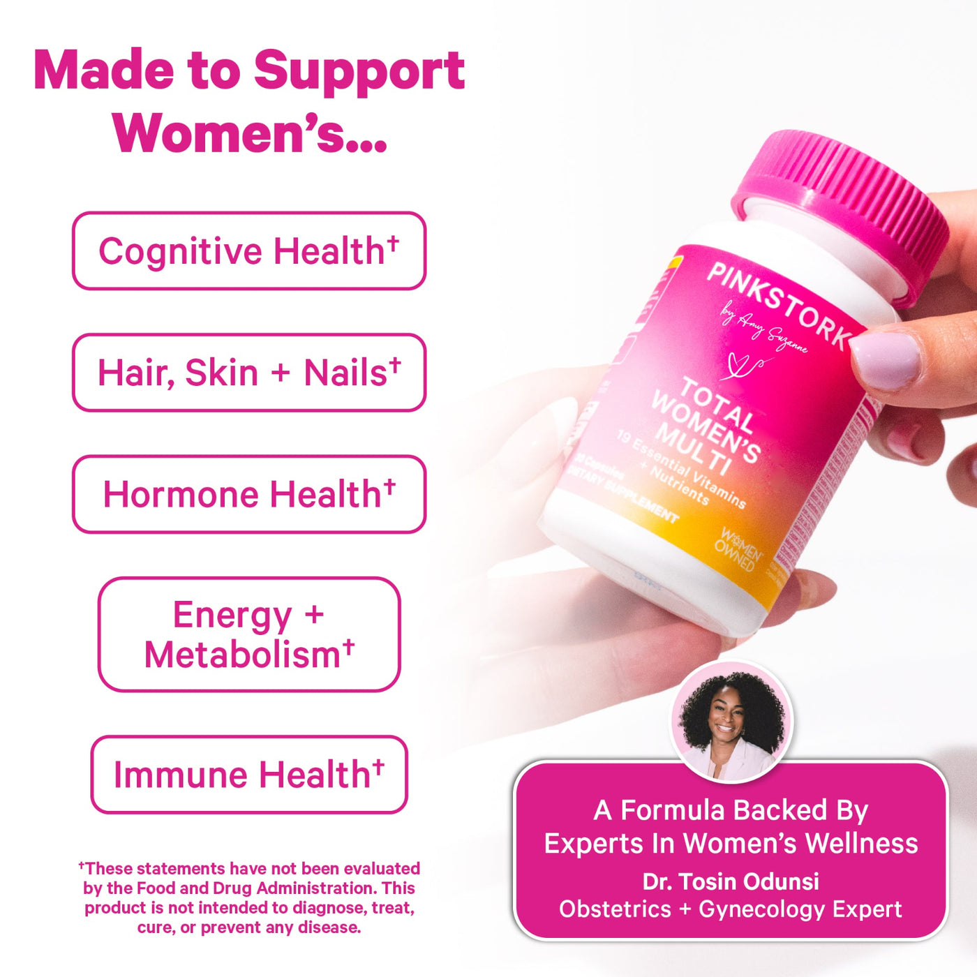 A hand holding a bottle of PINKSTORK Total Women's Multi vitamins, shown alongside text highlighting benefits for women's cognitive health, hair and skin, hormones, energy, metabolism, and immune health.