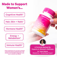 A hand holding a bottle of PINKSTORK Total Women's Multi vitamins, shown alongside text highlighting benefits for women's cognitive health, hair and skin, hormones, energy, metabolism, and immune health.