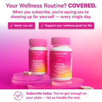 Promotional graphic for Pinkstork wellness subscription products, showing two pink supplement bottles on a pink gradient background with marketing text about women's health and subscription benefits.