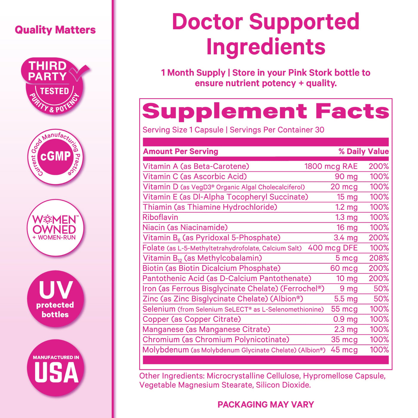 Front and back views of a pink supplement bottle packaging. The front shows the brand 'Doctor Supported Ingredients' and a 'Quality Matters' seal, while the back displays a large 'Serving Facts' supplement facts table with ingredients listed in decreasing amounts.