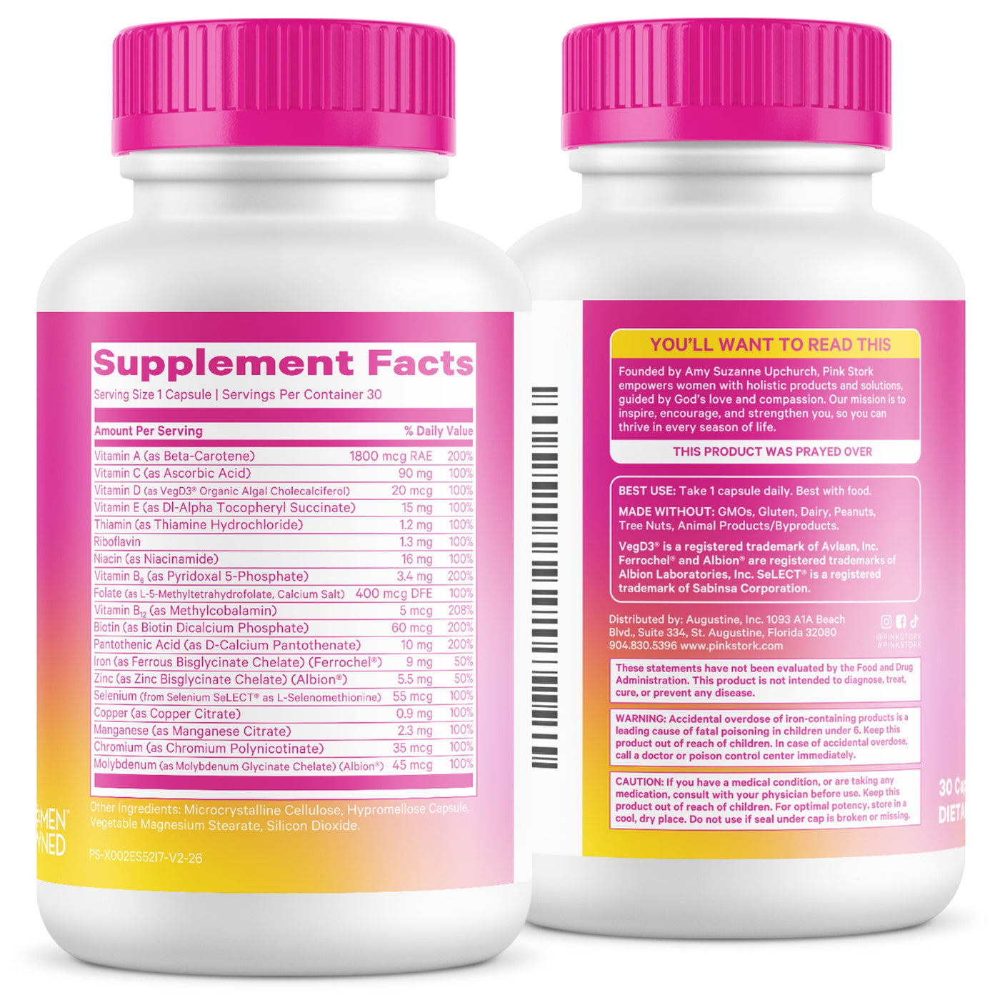 Two white supplement bottles with bright pink caps, showing the front and back labels of a dietary supplement. The labels feature pink and yellow sections with text including 'Supplement Facts' and 'You'll Want to Read This'.