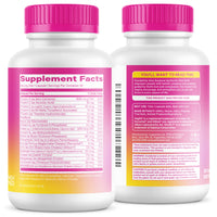 Two white supplement bottles with bright pink caps, showing the front and back labels of a dietary supplement. The labels feature pink and yellow sections with text including 'Supplement Facts' and 'You'll Want to Read This'.