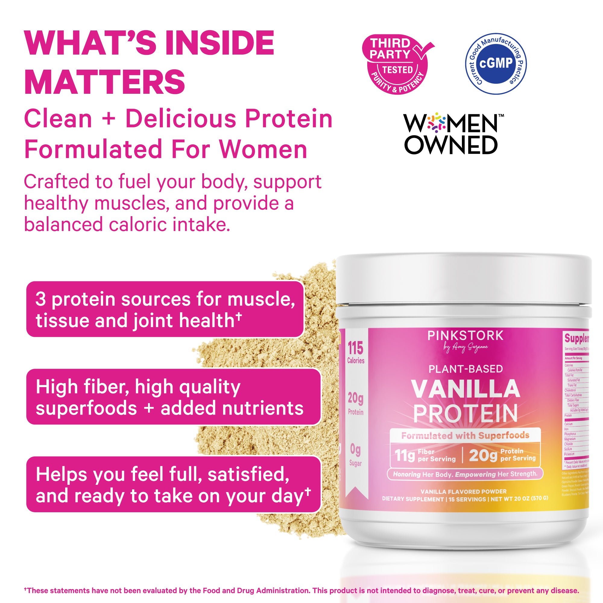 Pink Stork Plant-Based Vanilla Protein featuring the product container and text highlighting clean, delicious protein formulated for women.