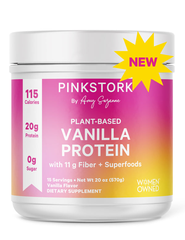 Pink Stork plant-based vanilla protein powder container with a 'NEW' label on a white background