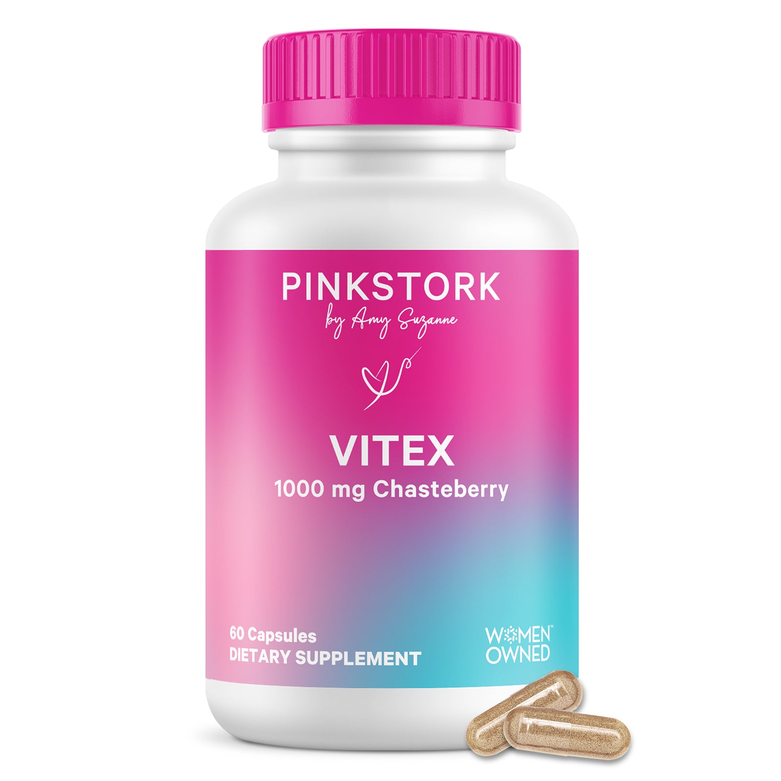 Pink Stork Vitex dietary supplement bottle with pink cap on a white background
