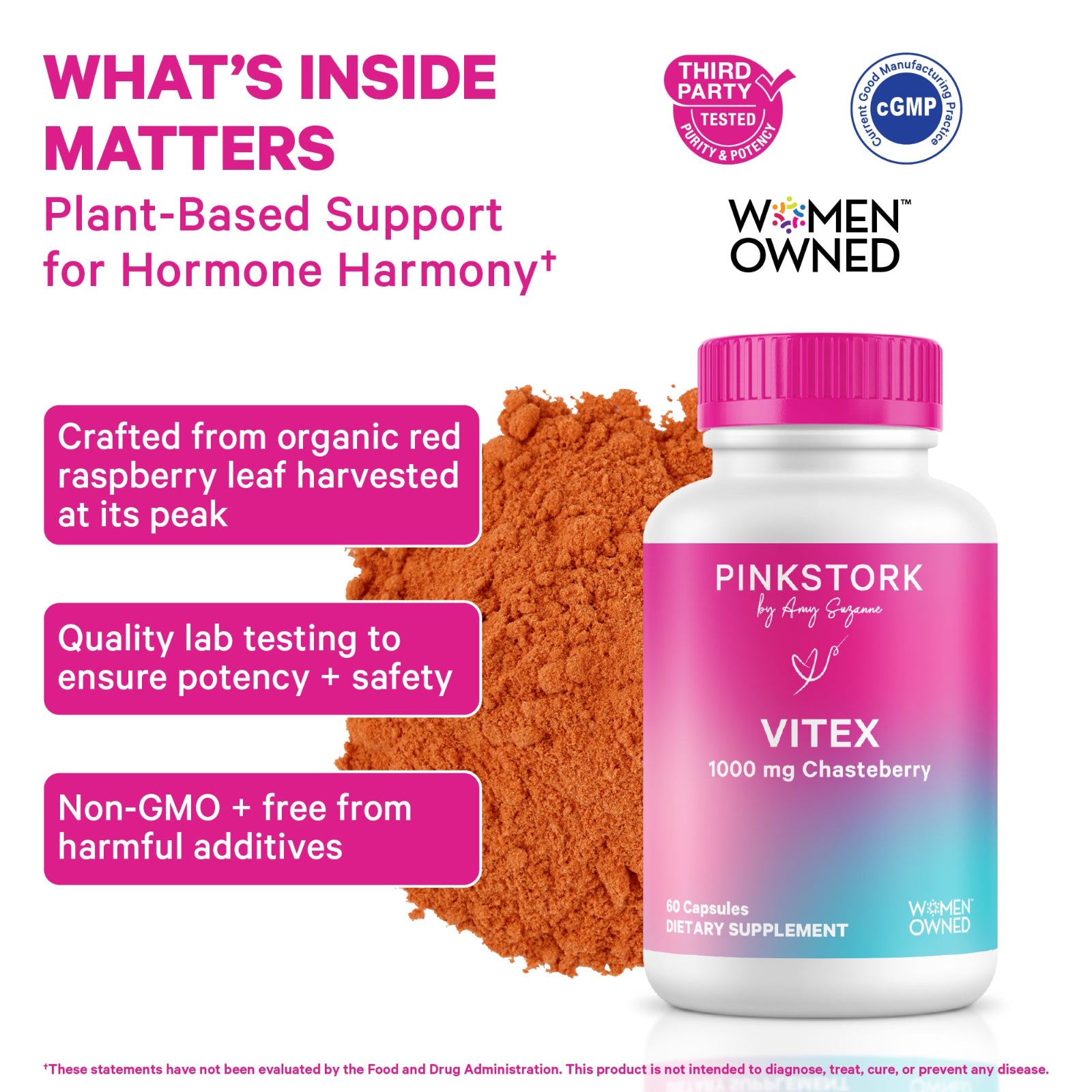 Pink Stork Vitex supplement bottle with text about plant-based support for hormone harmony on a white background.